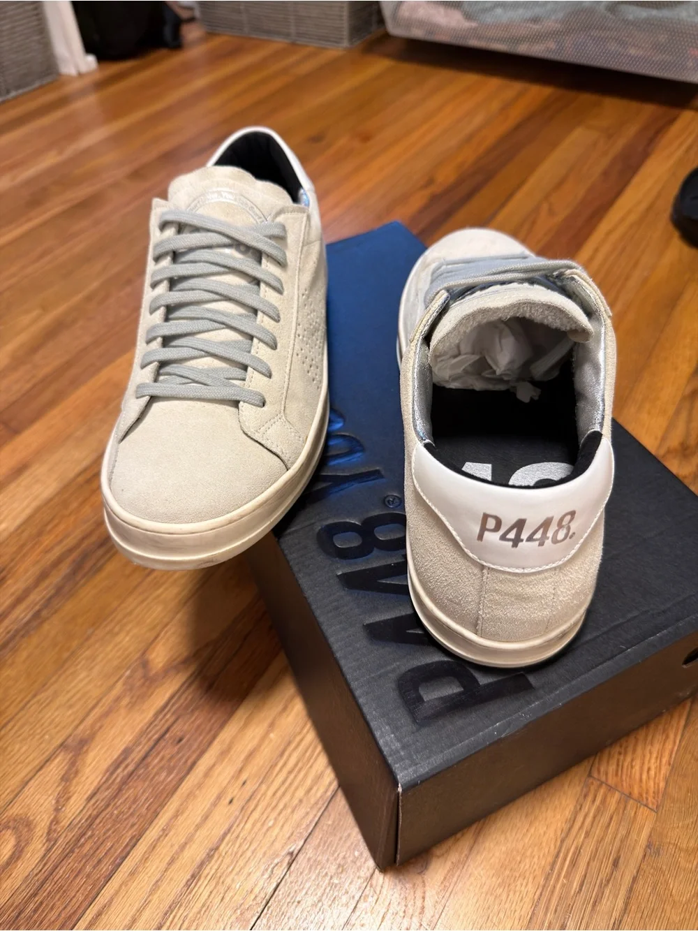 NWT P448 Men’s John Sneaker, Size 41 (8-8.5), Tan Beige White Suede